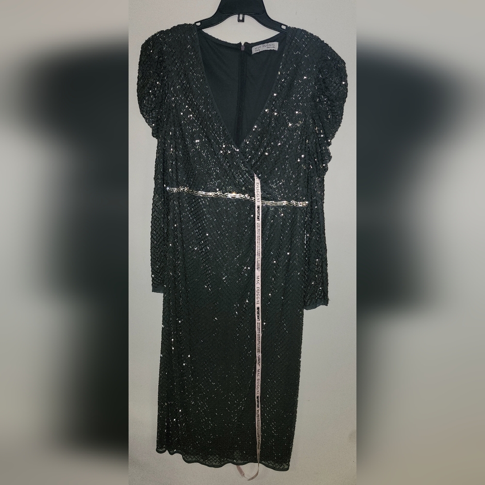 NWT- Mac Duggal Gray Beaded Wrap Over Puff Sleeve Dress Sz 14 - Picture 4 of 12